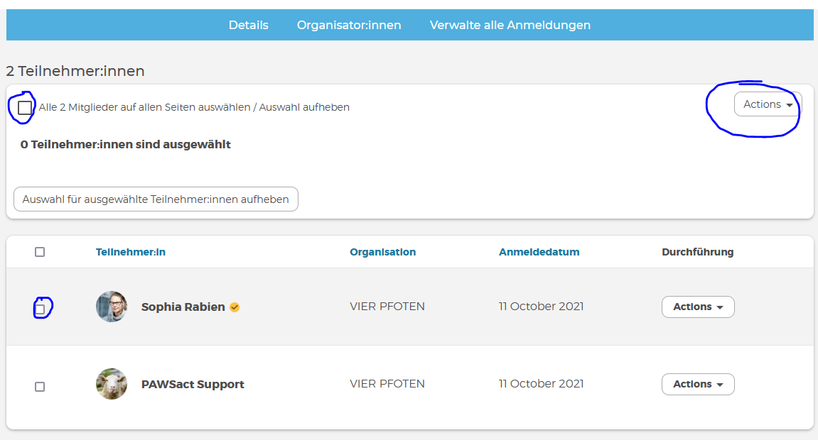 Anmeldungen zu einer Veranstaltung verwalten