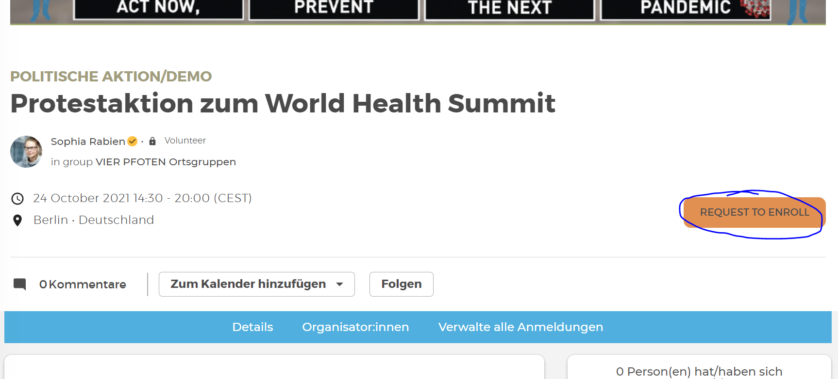 Anmeldung zu einer Veranstaltung auf Anfrage